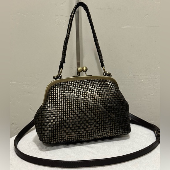 Vintage Style Distressed Woven Cowhide Handmade Kisslock Bag/Multi Use Style Bag - Picture 1 of 16